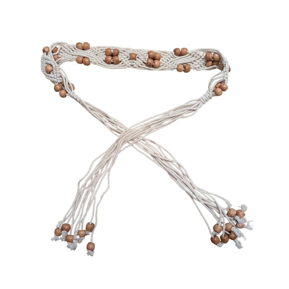 Macrame Wood Bead Belt Boho Hippie Woven Tie Waist Tassel Festival Beachy Chic